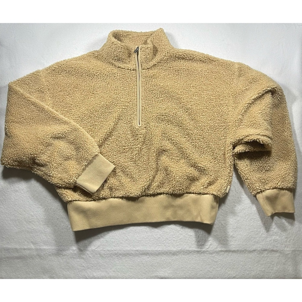 Athleta Women's Tan Sherpa Fleece Half Zip Cropped Pullover Small Cozy Teddy Swe